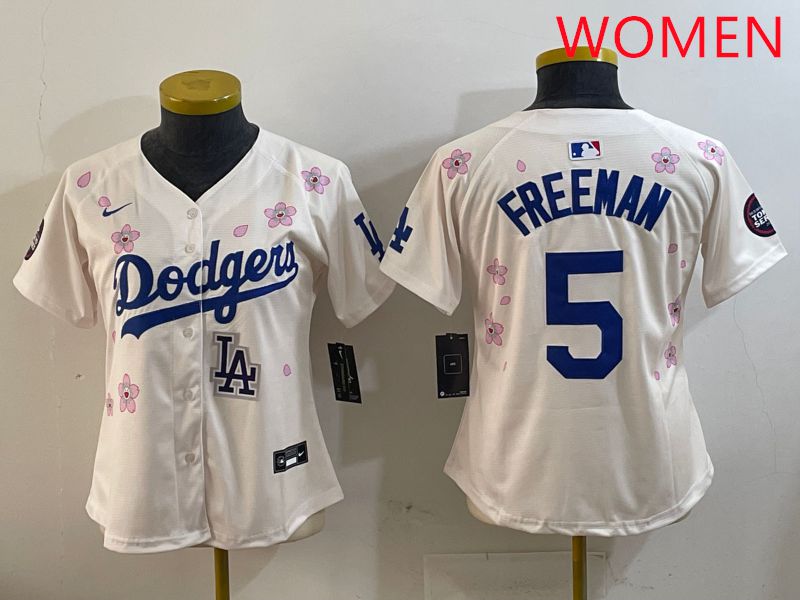 Women Los Angeles Dodgers #5 Freeman Cream Sakura Edition 2025 Nike MLB Jersey style 9